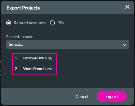 Export Projects screen - Related accounts option