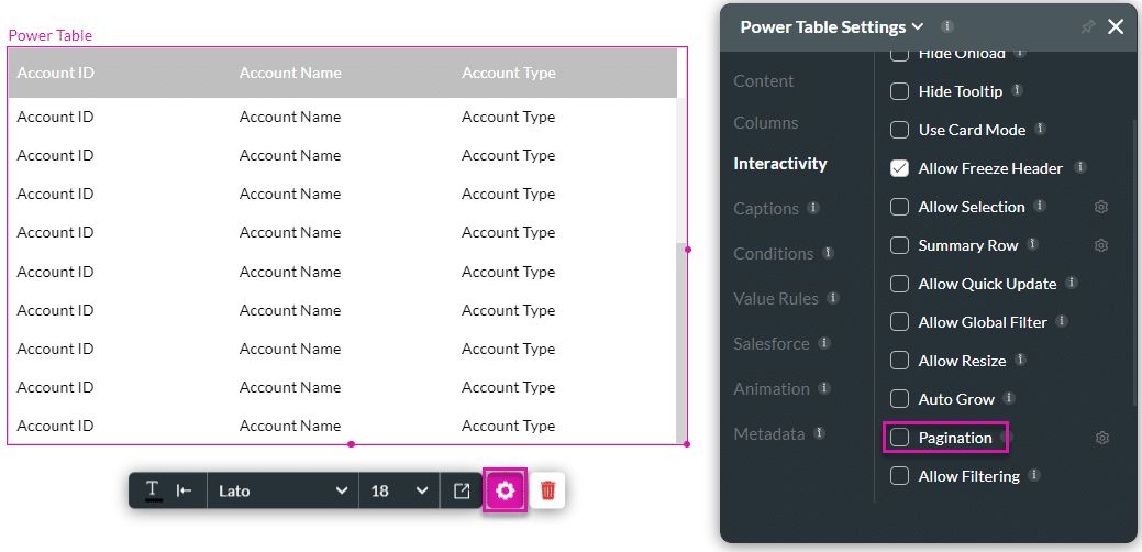 Pagination checkbox disabled