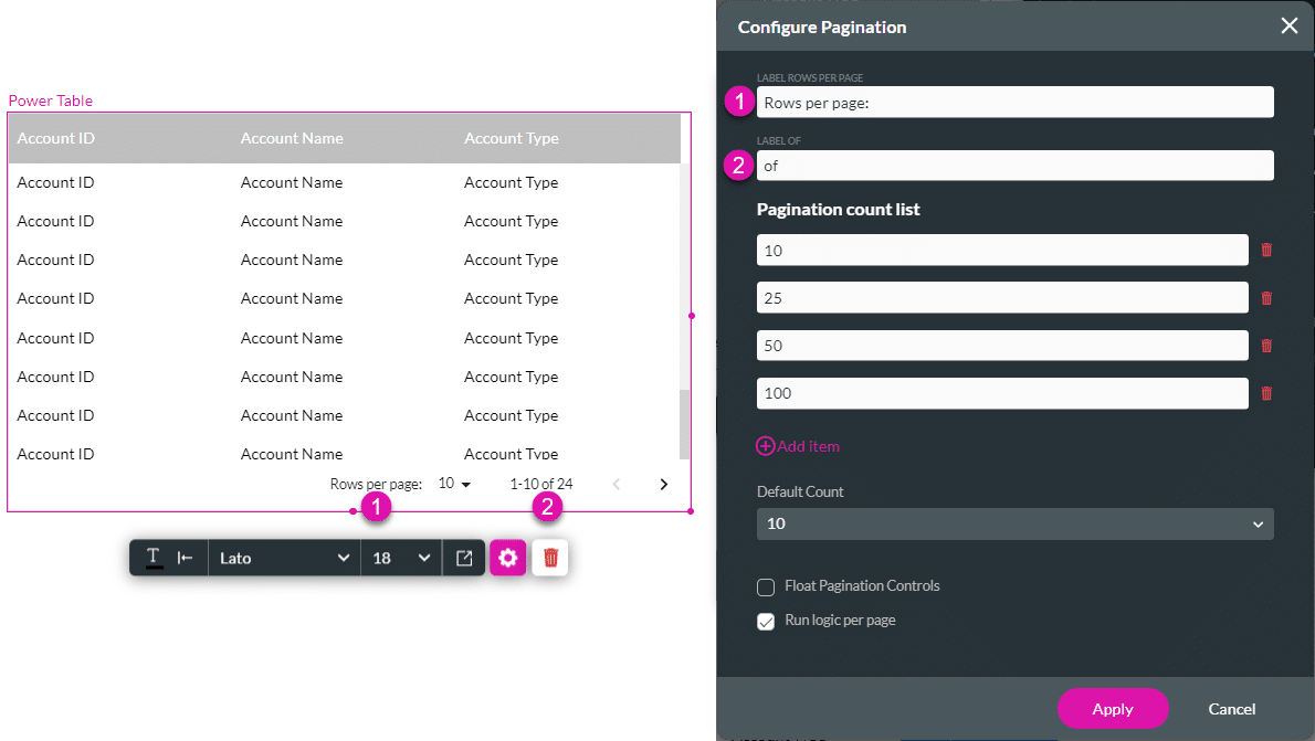 Configure Pagination screen