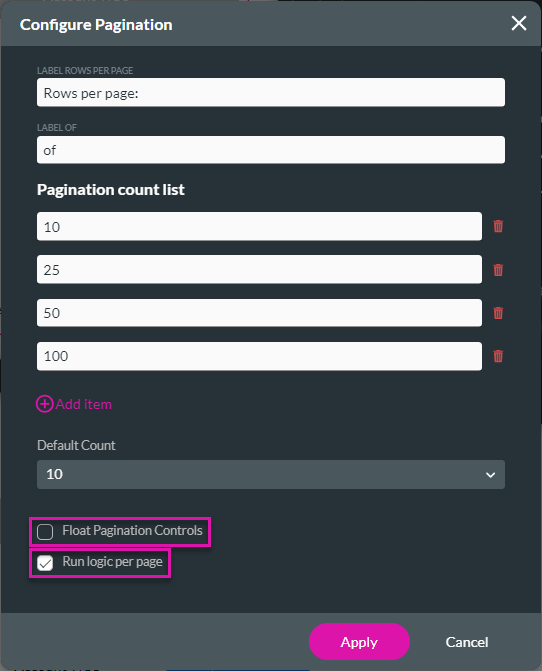 Configure Pagination screen