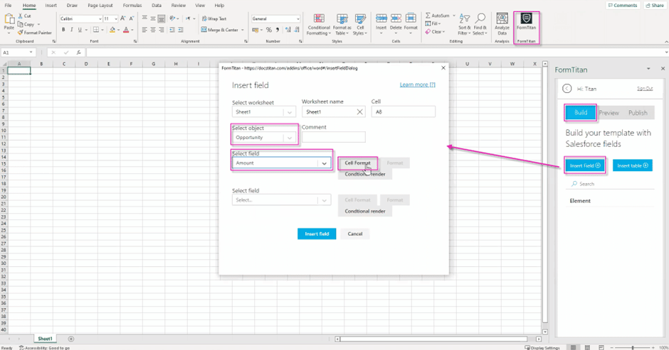 Insert Table option in Titan Excel add-in