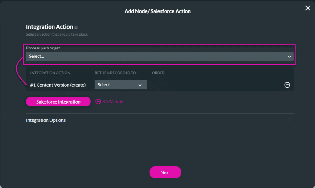Add Node/Salesforce Action screen