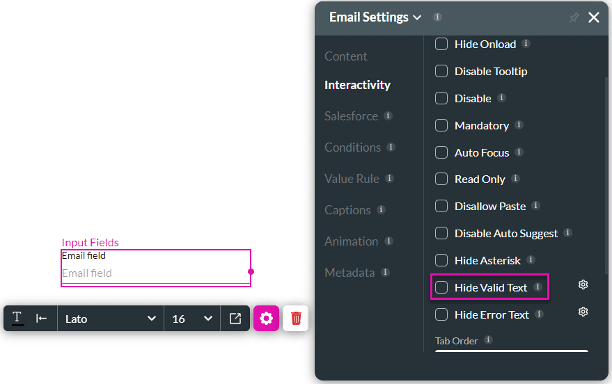 Hide Valid Text option