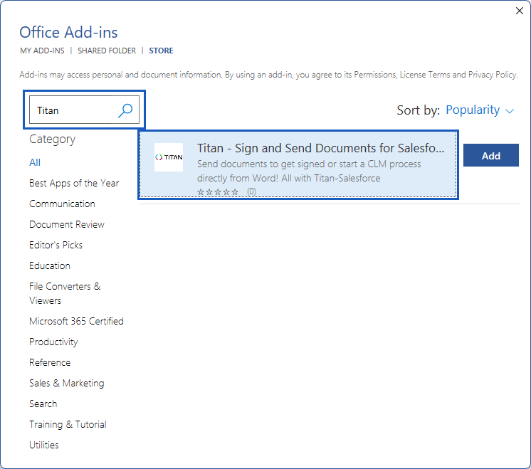 Office Add-ins screen