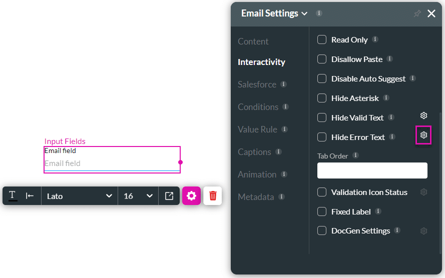 Hide Error Text Gear icon