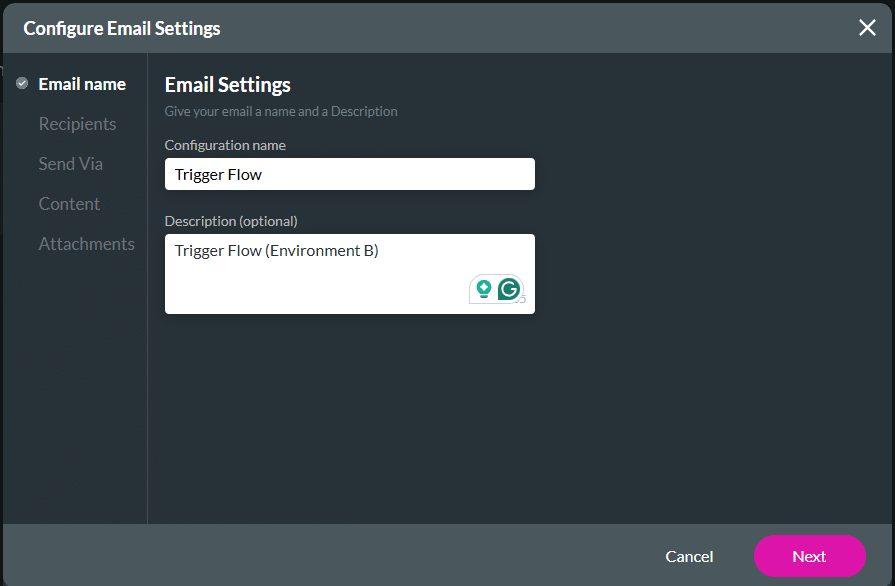 Configure Email Settings screen