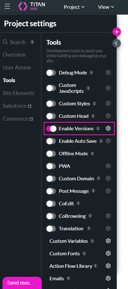 Enable Versions toggle switch and Gear icon