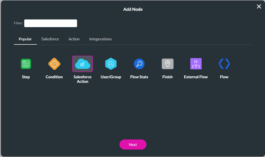 Add Node screen Salesforce Action