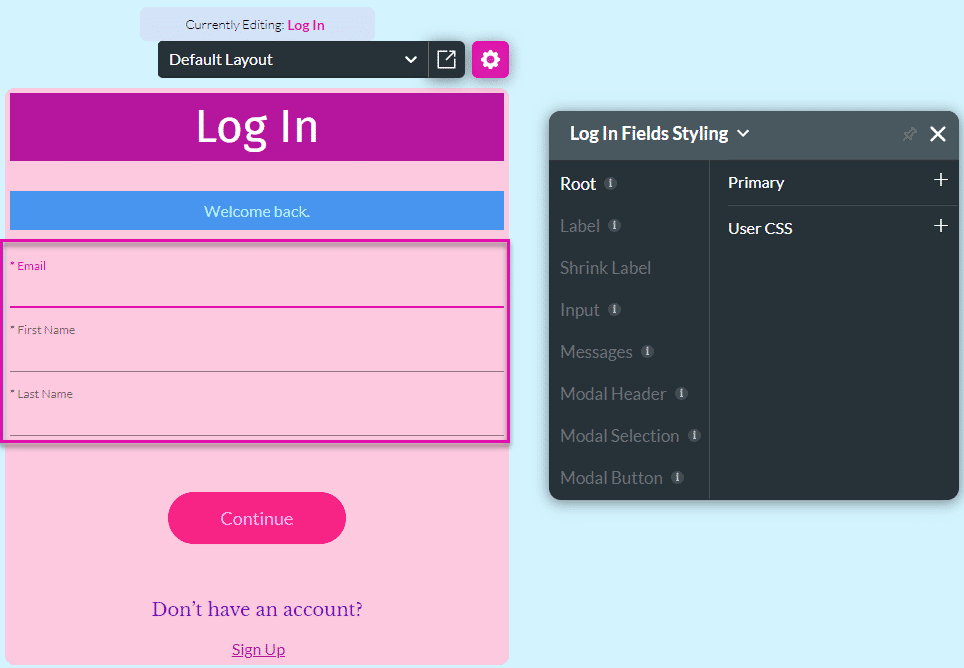 Log In Fields Styling screen