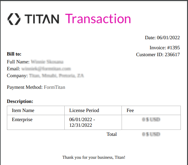 Titan Transaction screen