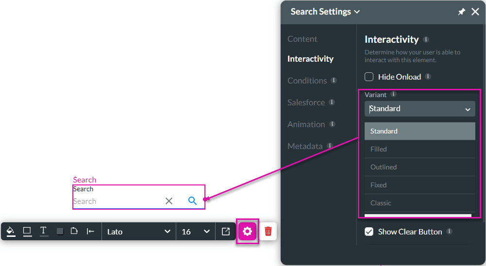 Variant drop-down list screen