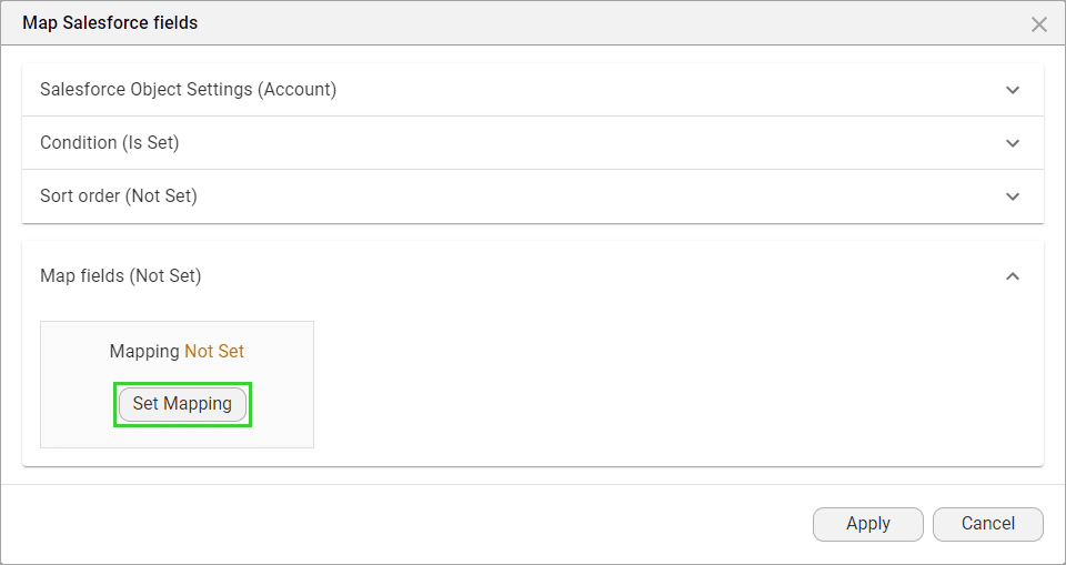 Map Salesforce Fields screen - Set Mapping