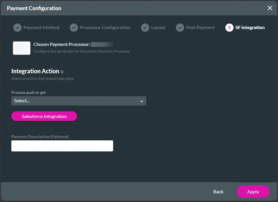 Payment Configuration > SF Integration screen