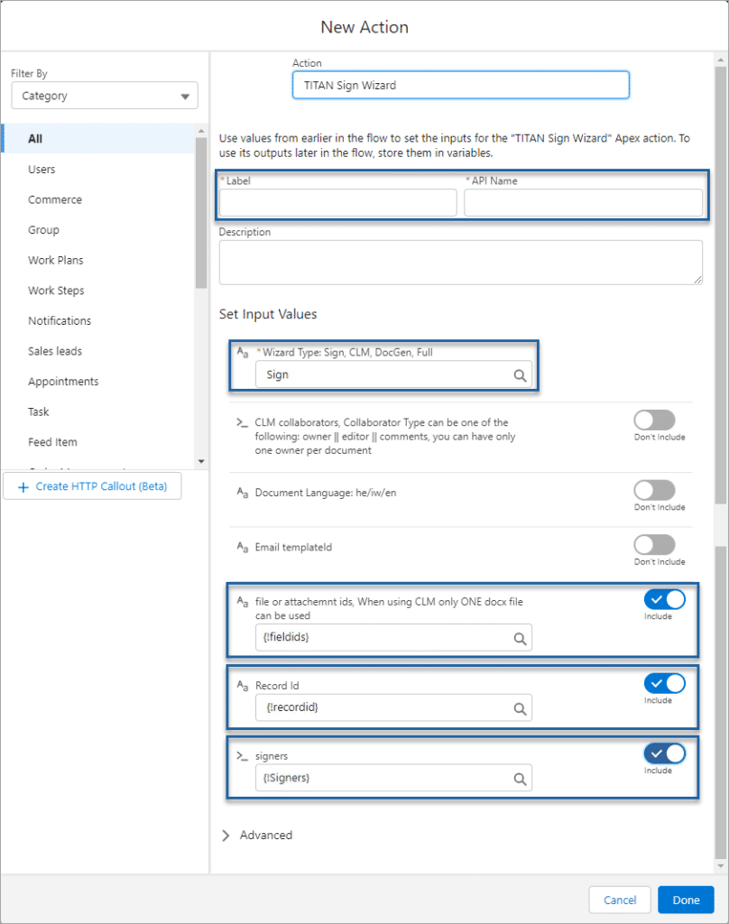 New Action with Sign Wizard