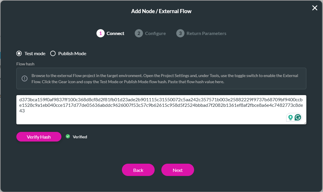 Add Node/External Flow screen