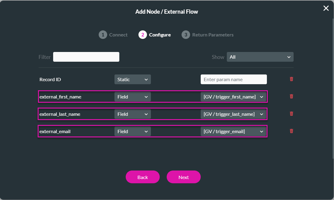 Add Node/External Flow screen