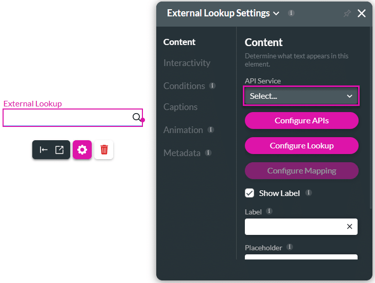 External Lookup Settings screen