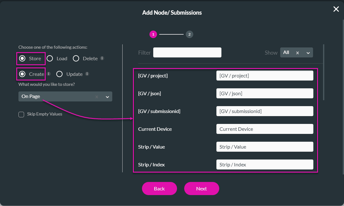 Add Node/Submissions screen