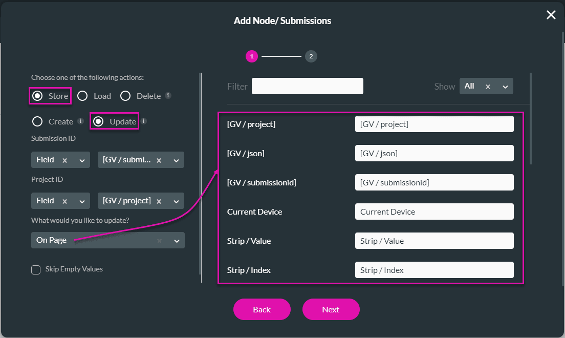 Add Node/Submissions screen