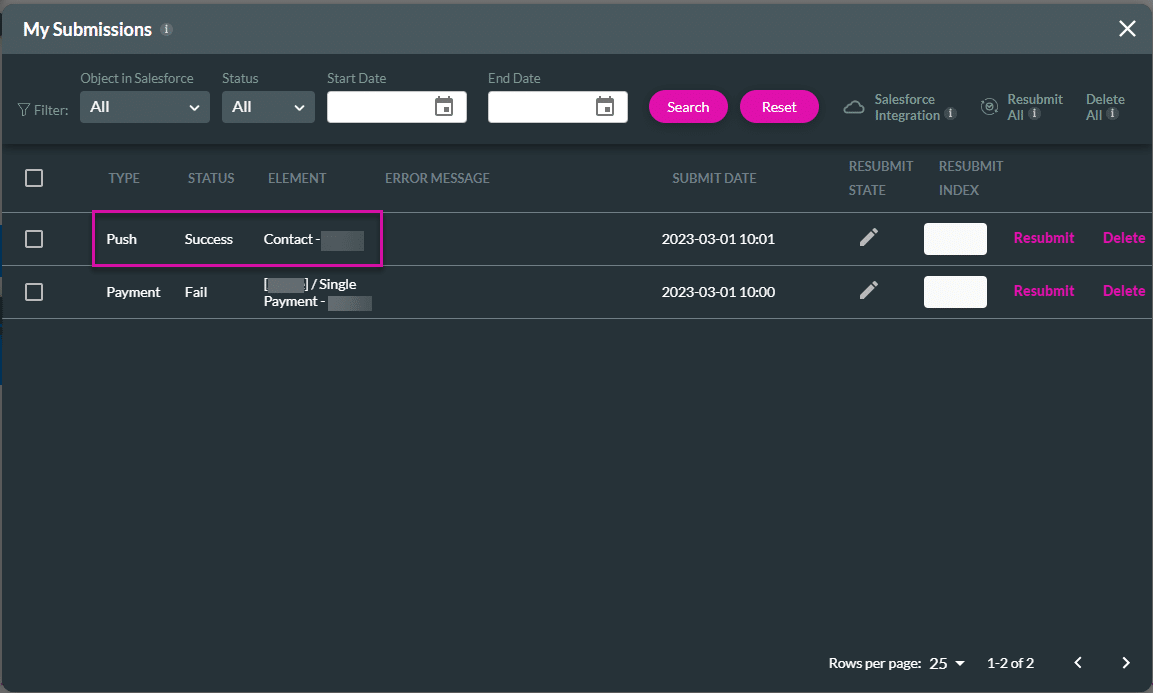 My Submissions screen