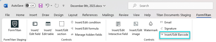 Insert/Edit Barcode option