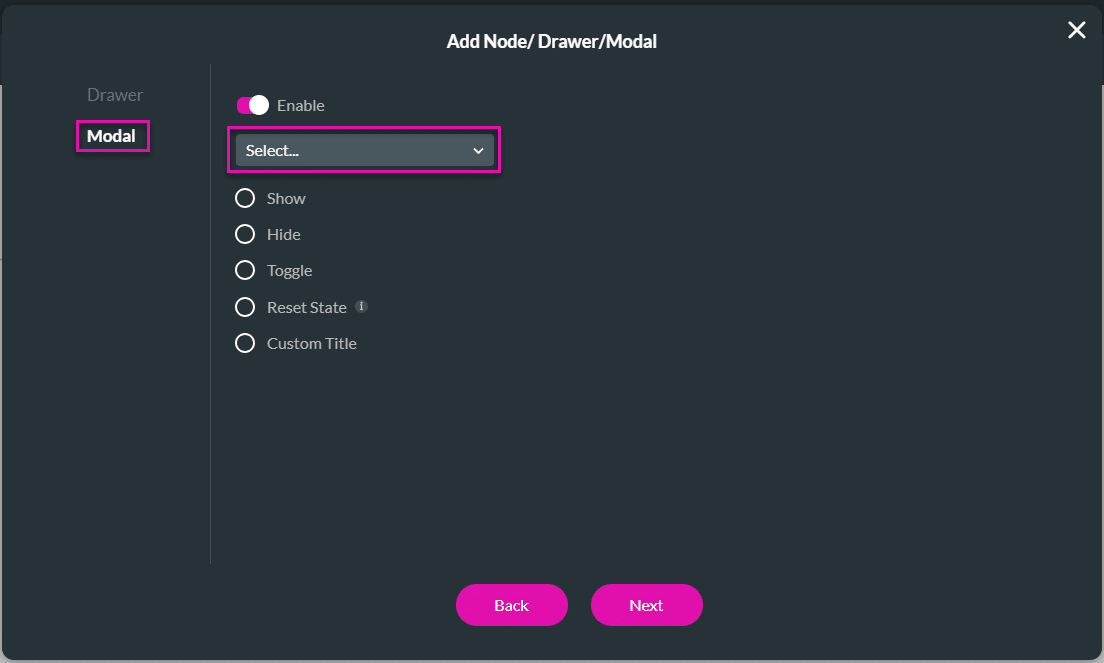 Add Node/Drawer/Modal screen