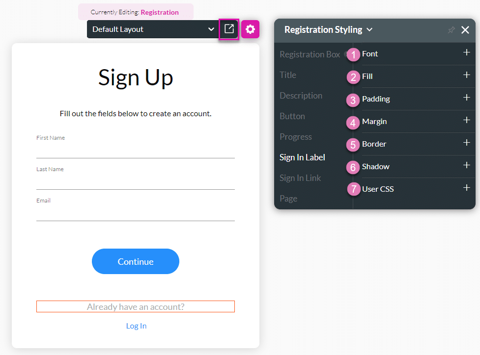 Sign Up Label option