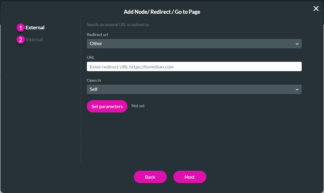 Add Node/Redirect/Go to Page screen