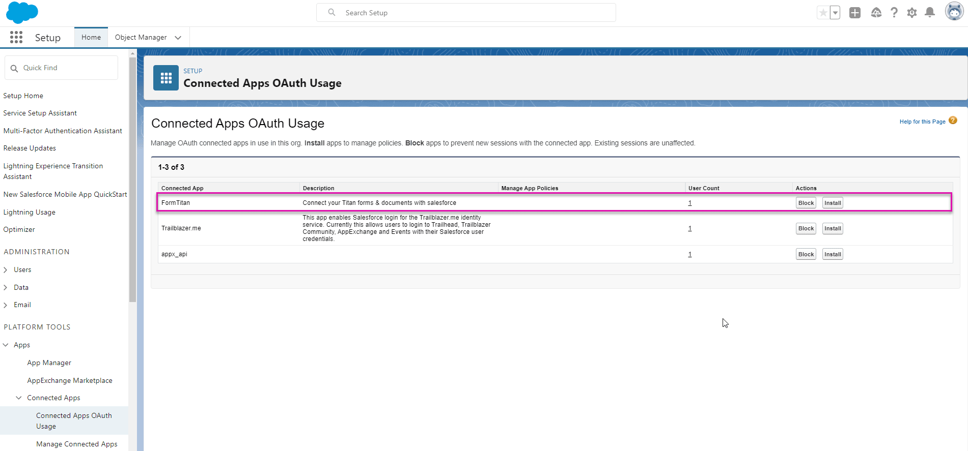 Form Titan in Connected Apps Salesforce
