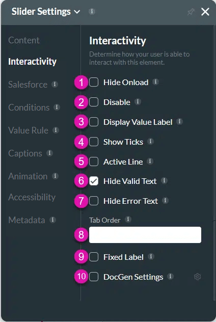 Interactivity settings screen