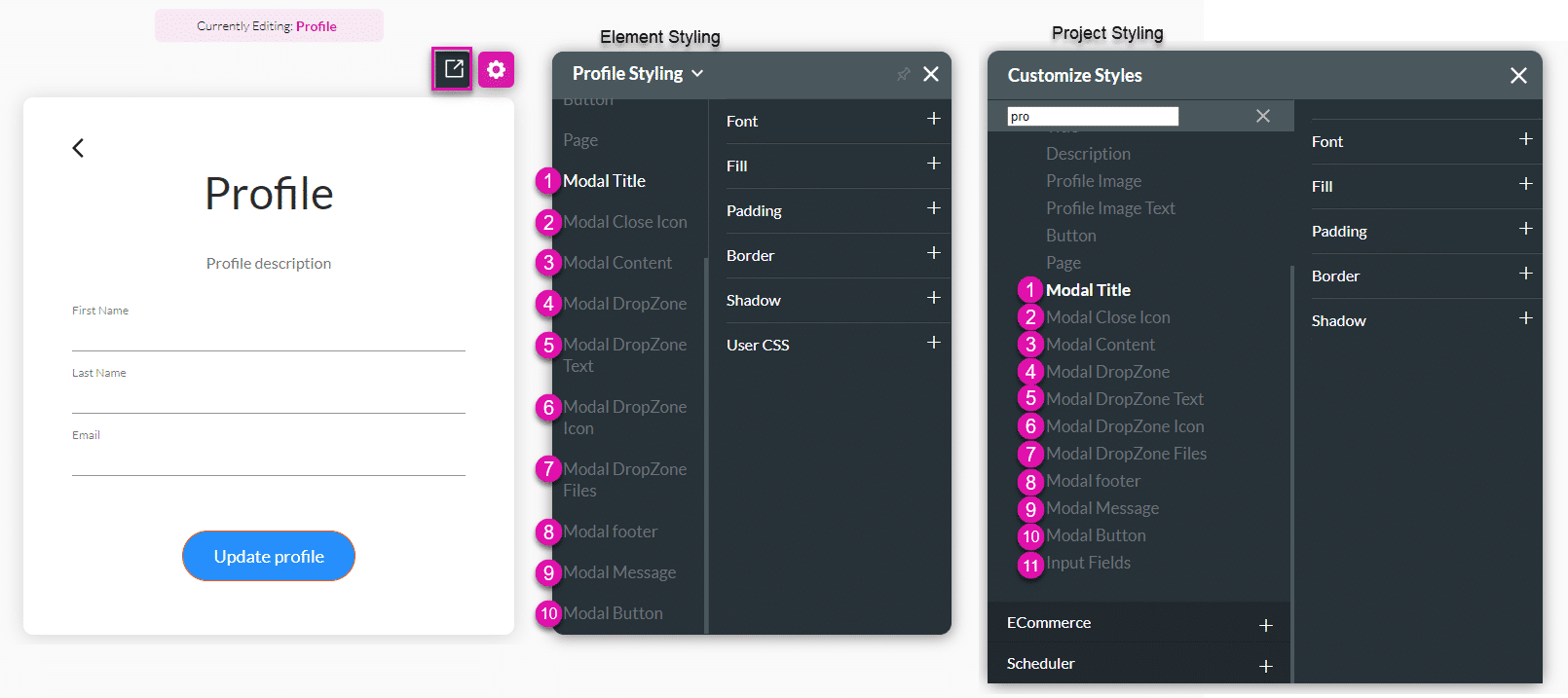 Modal Profile styling