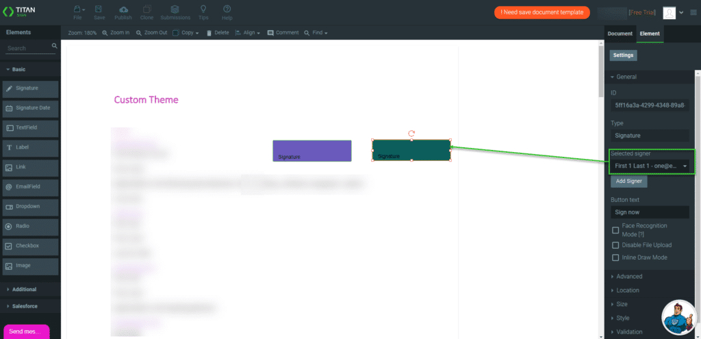 Assign signer to element for Document Access
