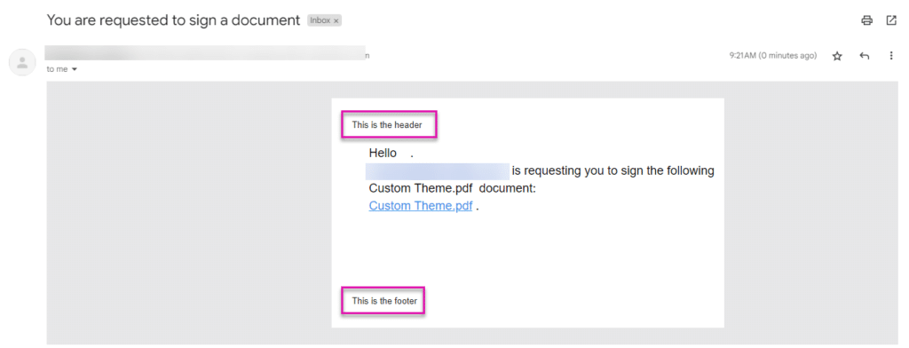Example of a header and footer in your Salesforce Sign projects.