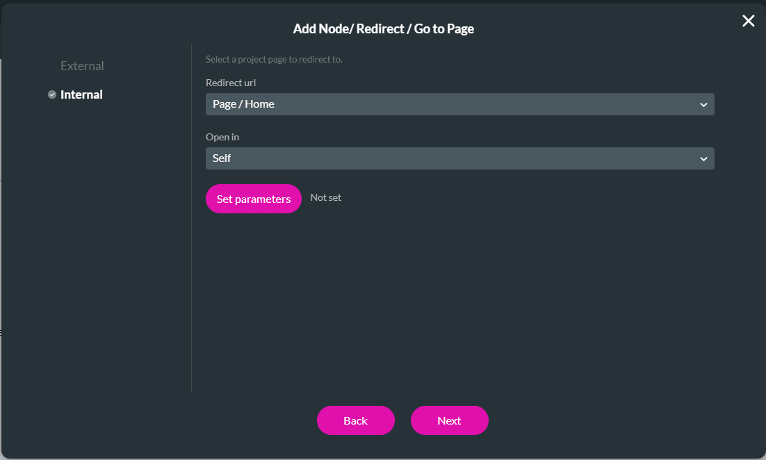 Redirect/Go to Page screen