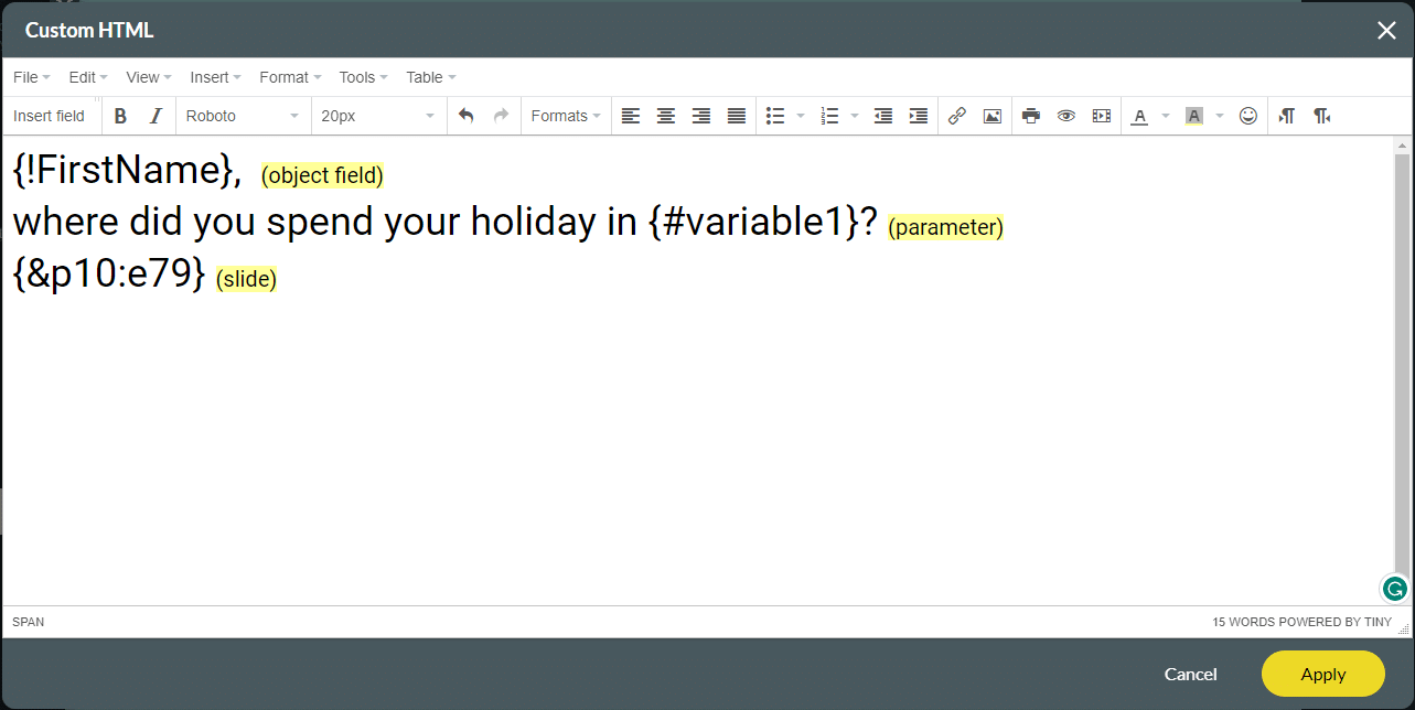 Custom HTML screen (example)