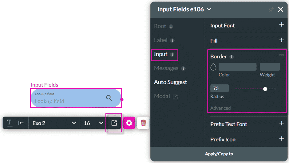 Input field styling button screen
