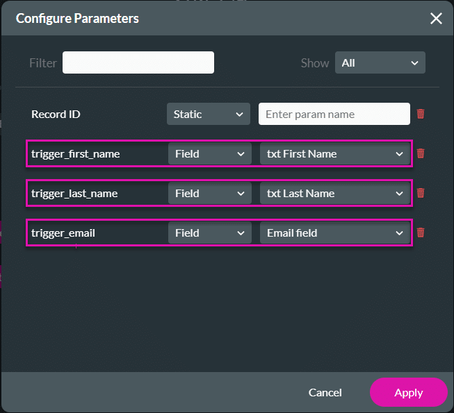 Configure Parameters screen