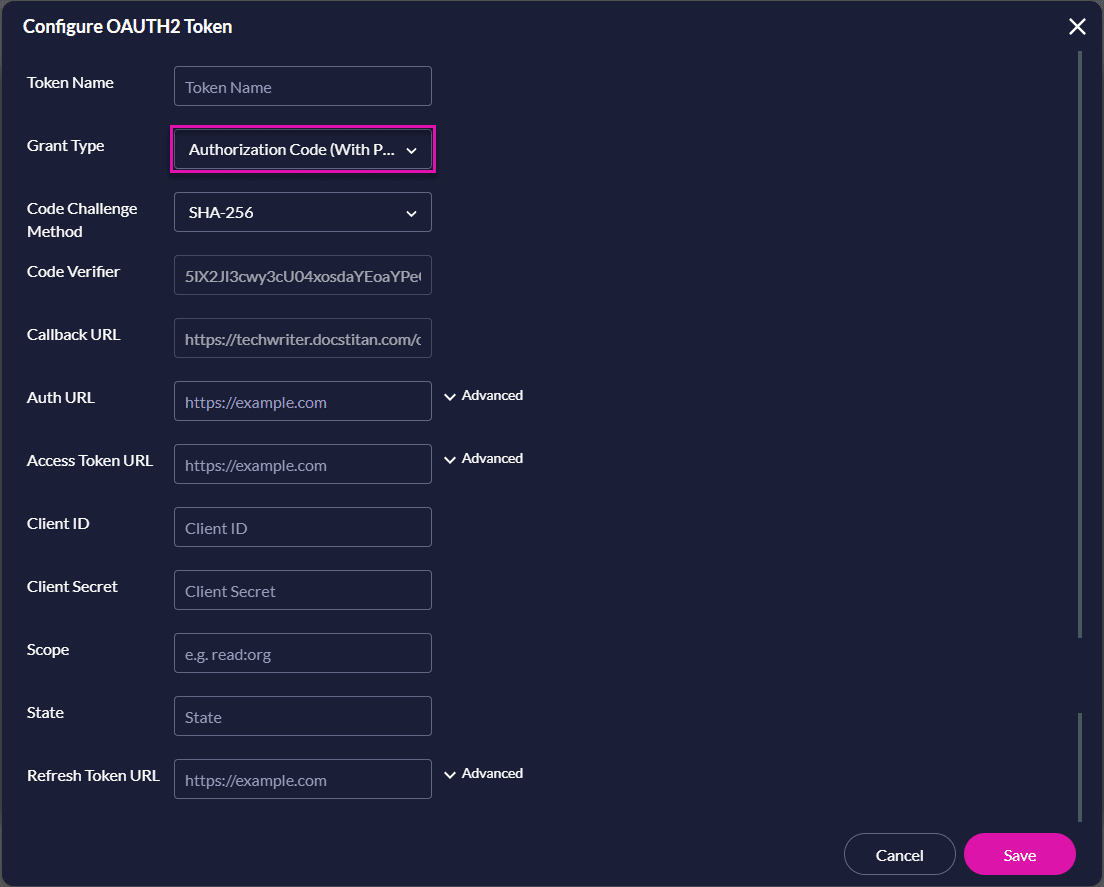 Configure OAUTH 2.0 Token screen