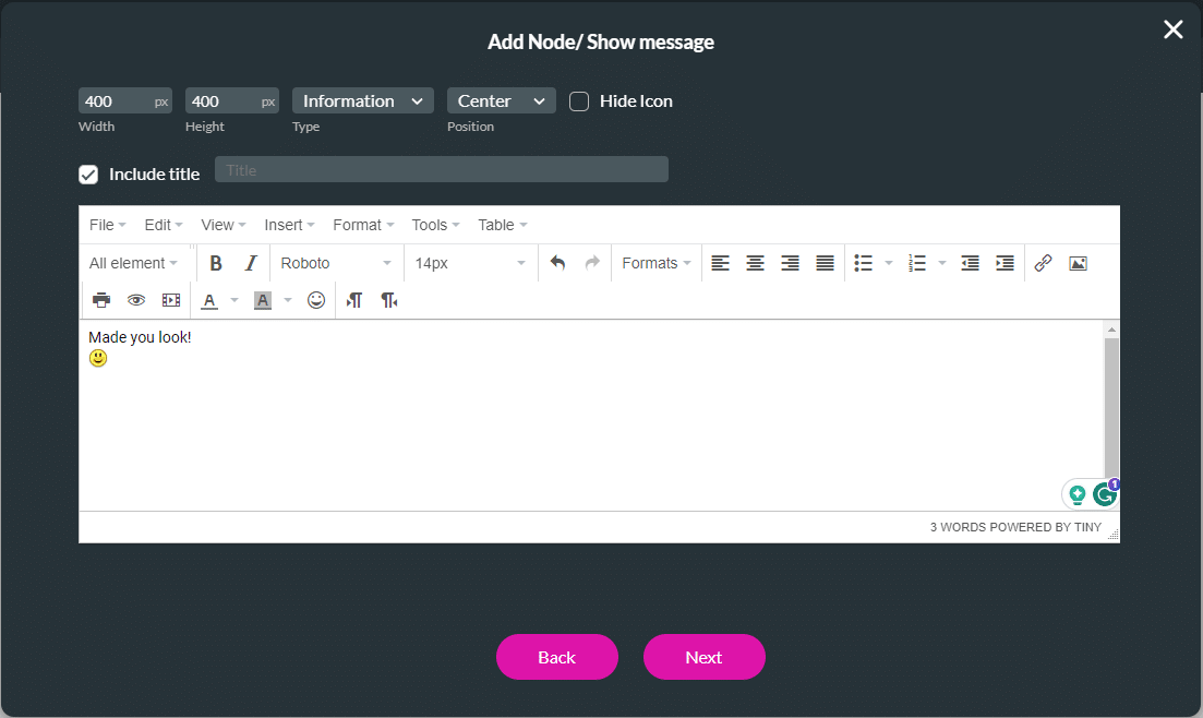 Add Node/Show message screen