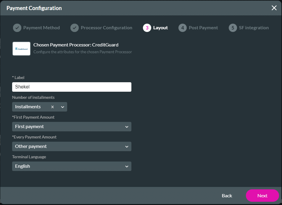 Layout screen with installments