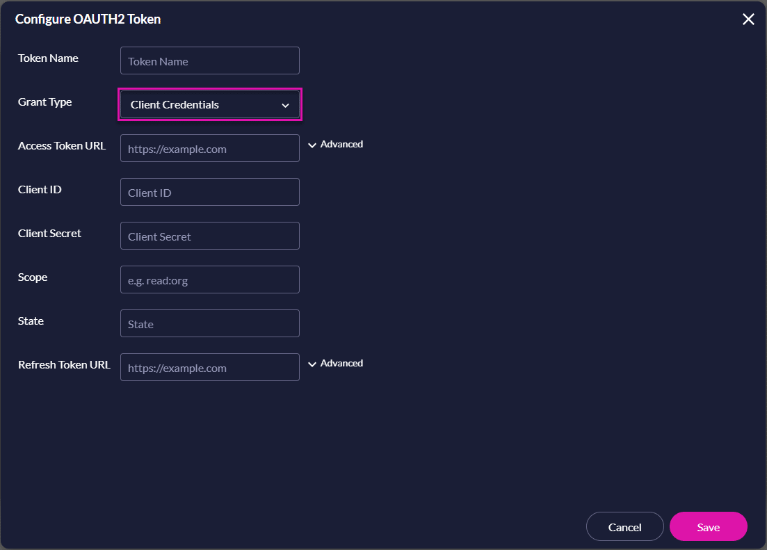 Configure OAUTH 2.0 Token screen