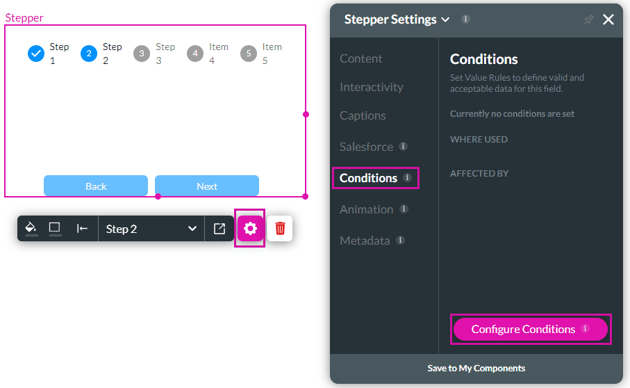 Element settings screen