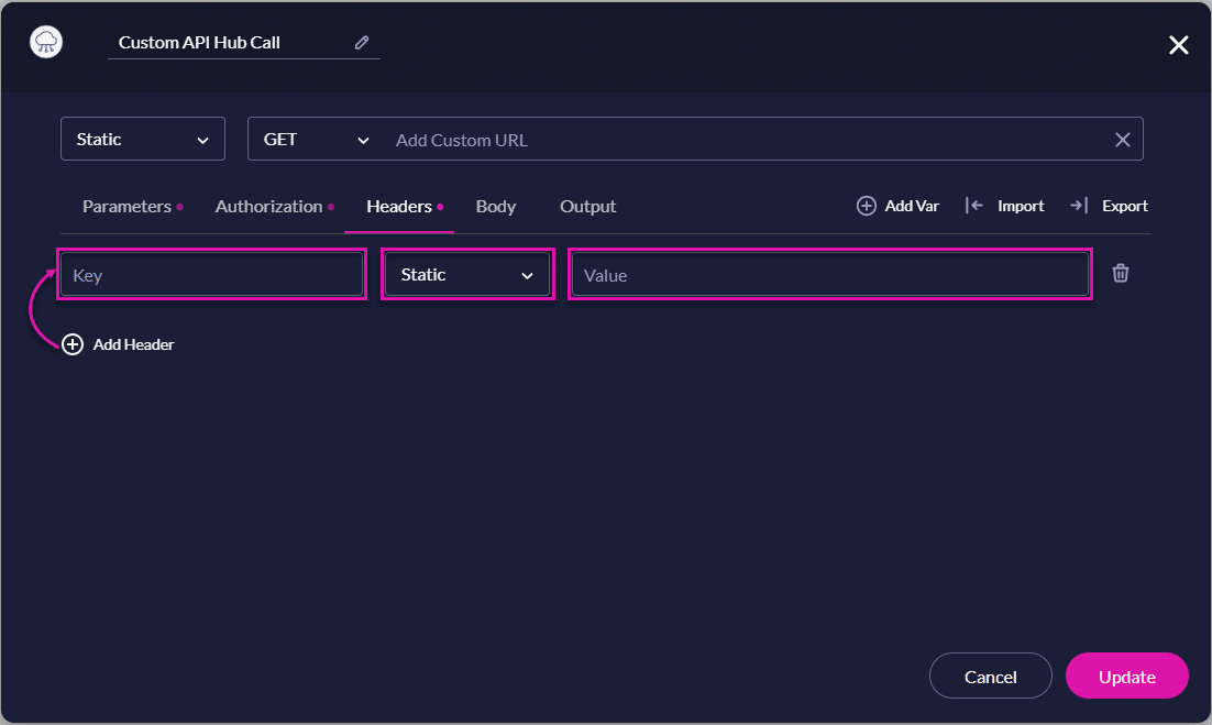 API Hub screen - Headers