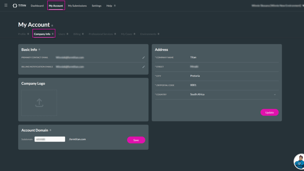 Company Info subtab screen
