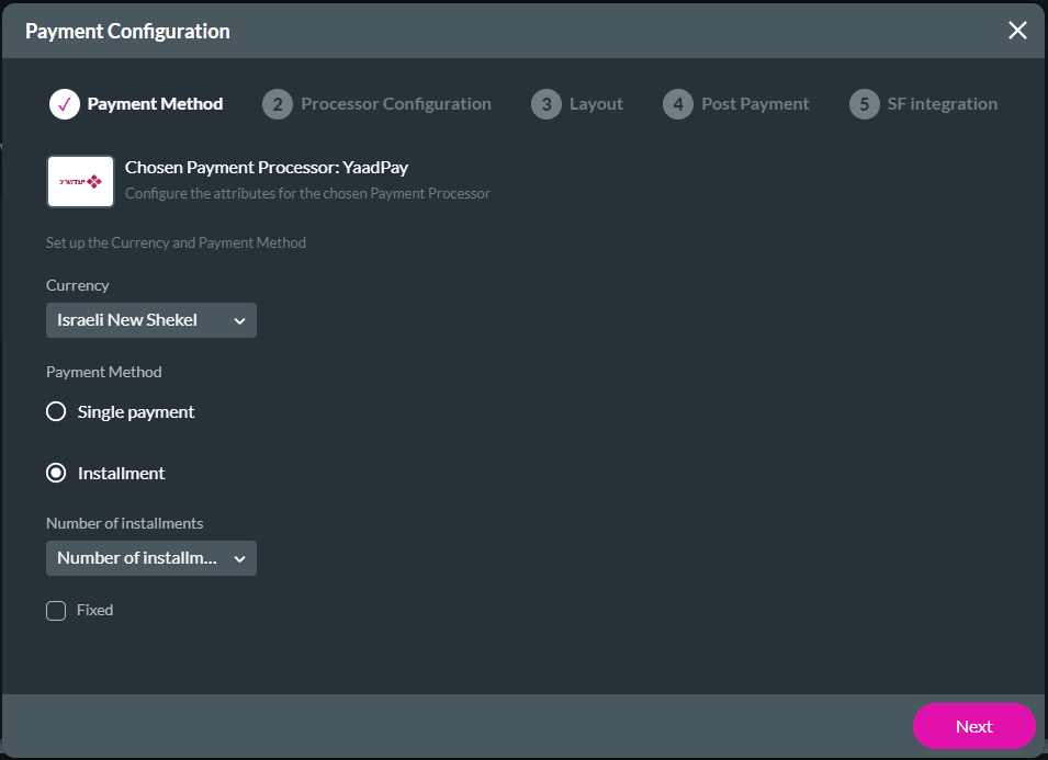 Installment radio button selected