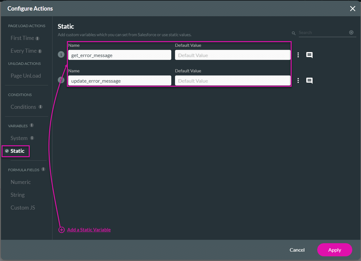 Configure Actions screen