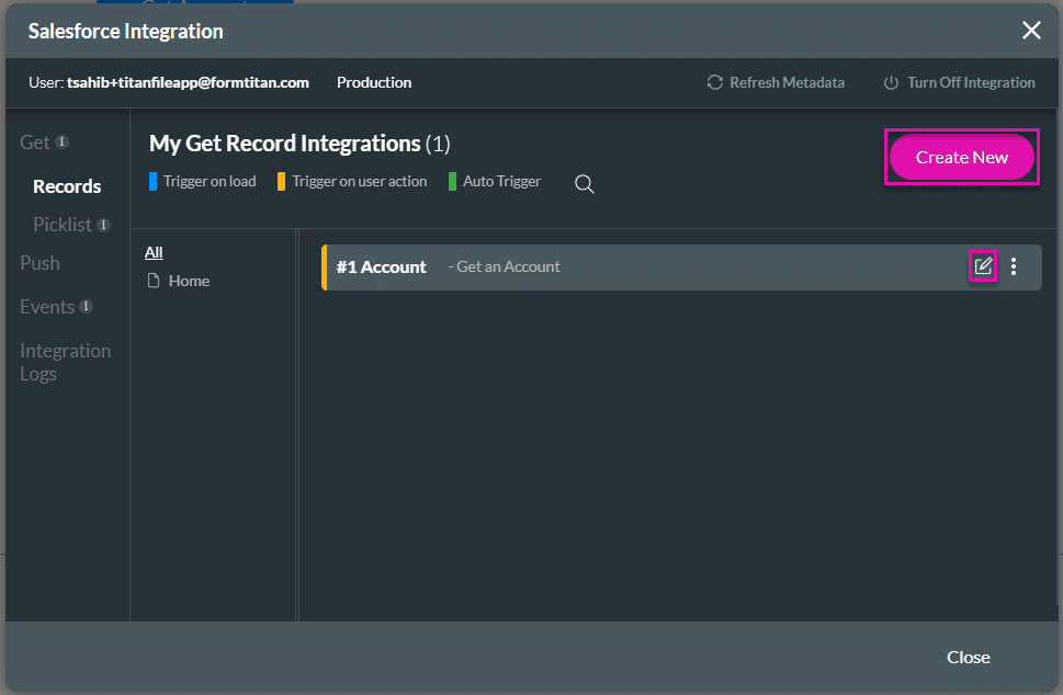 Salesforce Integrations screen