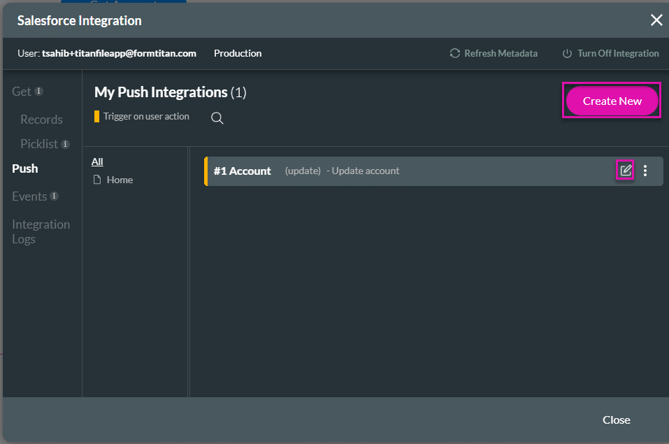 Salesforce Integrations screen