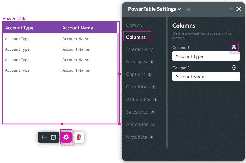 Columns on power tables