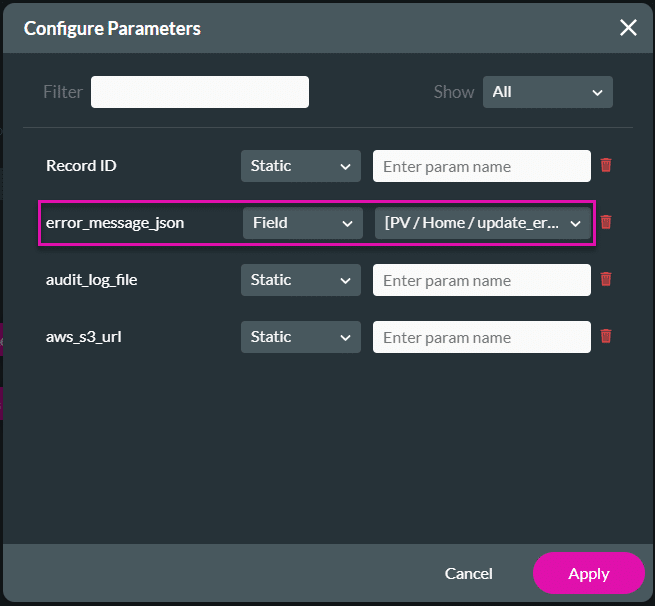 Configure Parameters screen